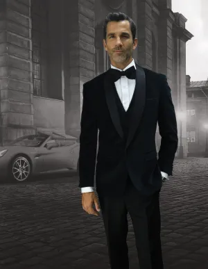 2PC VELVET SUIT TAILORED FIT FLAT FRONT VELVET PANTS WITH BOW TIE | VL-100-Black