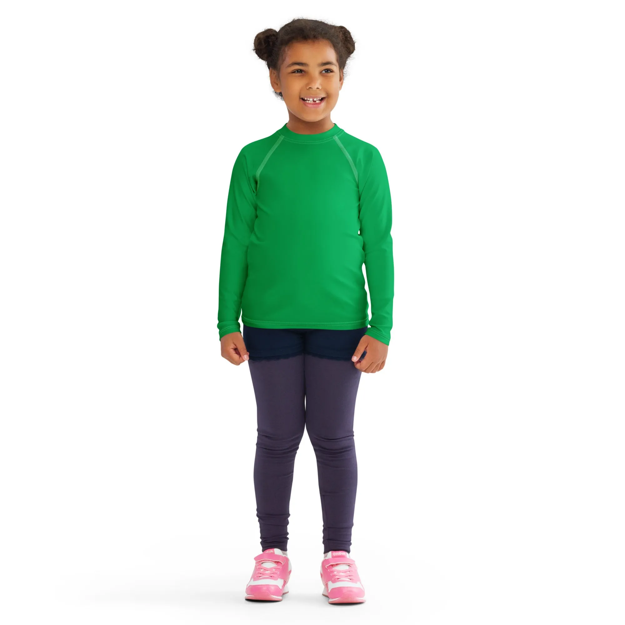 Active Allure: Girls' Solid Color Long Sleeve Rash Guards - Jade