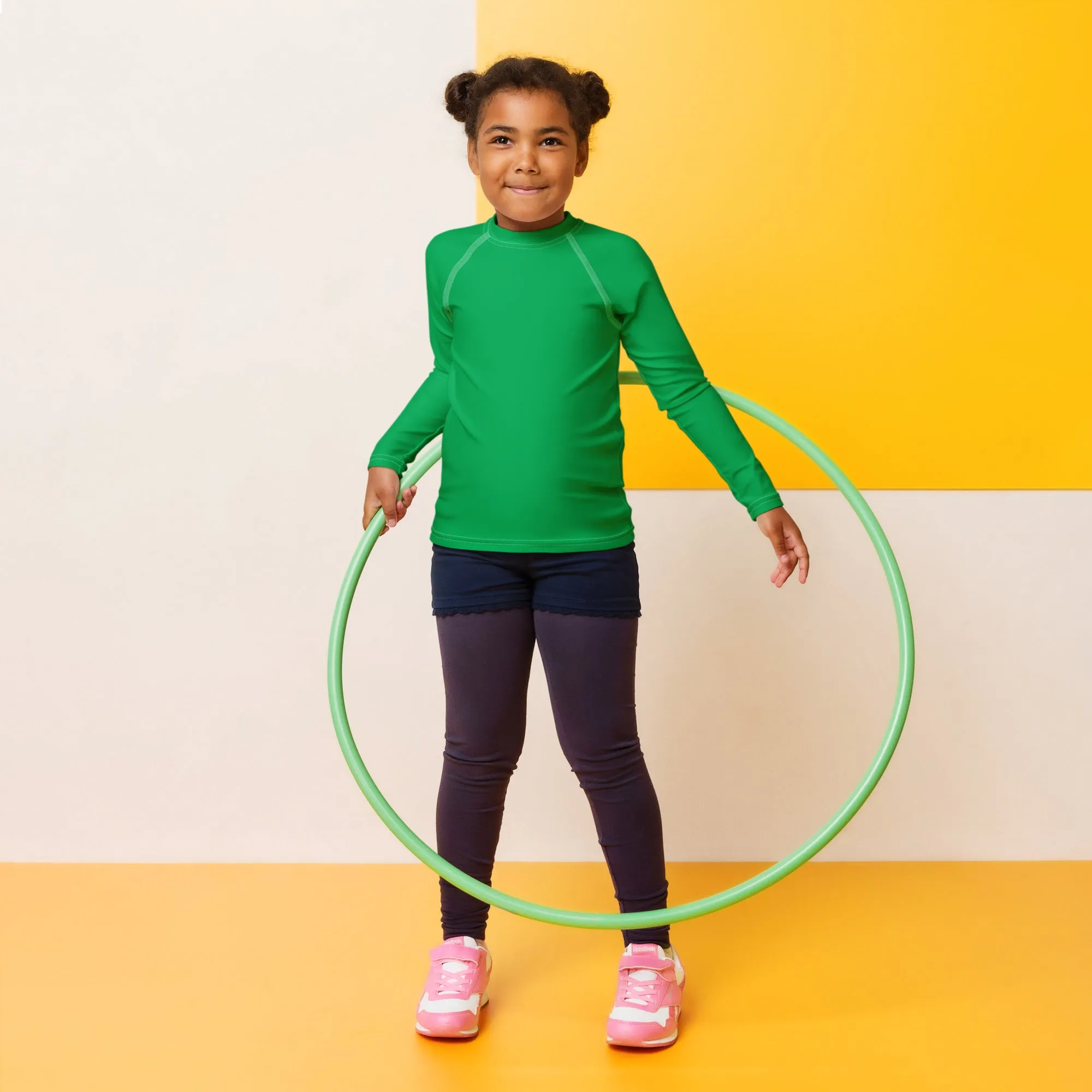 Active Allure: Girls' Solid Color Long Sleeve Rash Guards - Jade