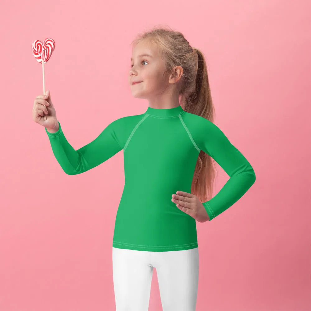 Active Allure: Girls' Solid Color Long Sleeve Rash Guards - Jade