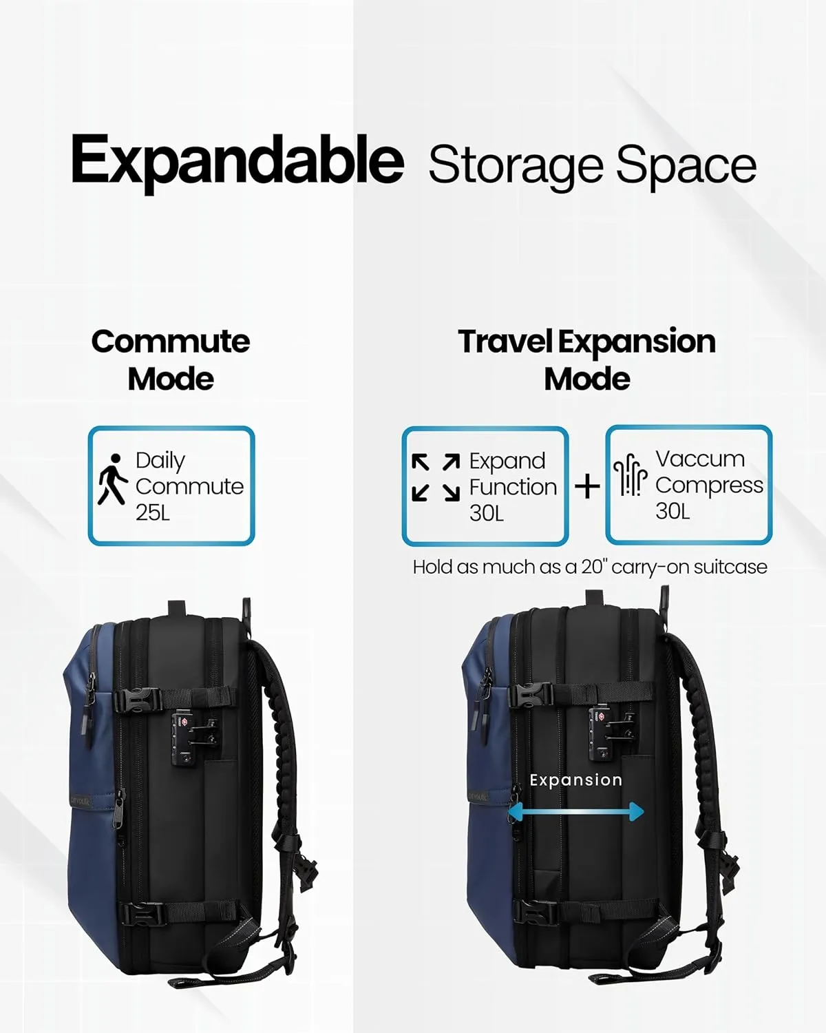 AirVault Vacuum Seal Travel Backpack 60L - Expandable Air Compression Vacuum System, Airback, Vacpack, Water-Resistant, Carry-On with TSA Lock Fits 19" Laptop, Backvac (Blue)
