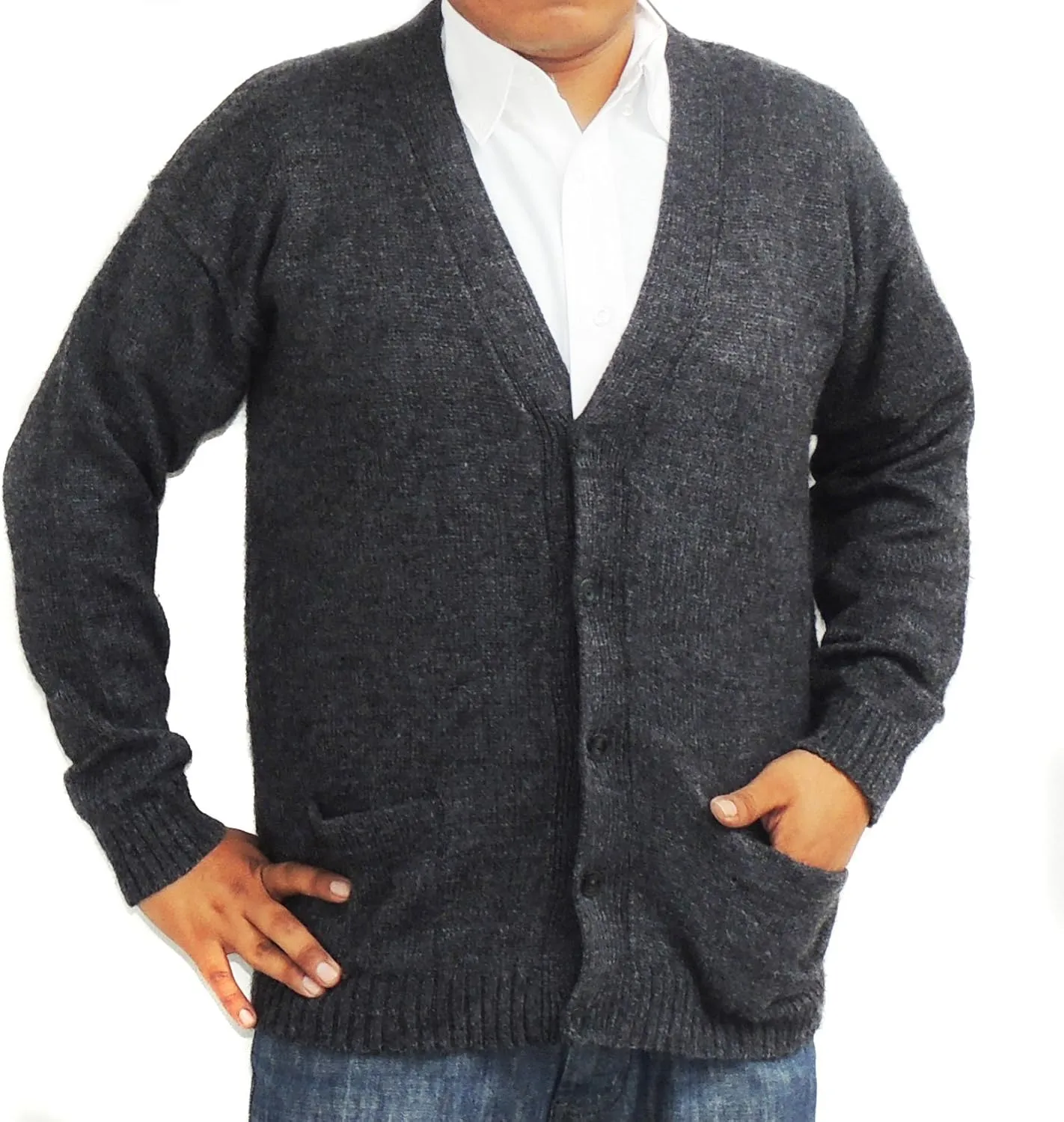 Alpaca Cardigan Golf Sweater Jersey V Neck Buttons and Pockets Made in Peru Charcol Grey