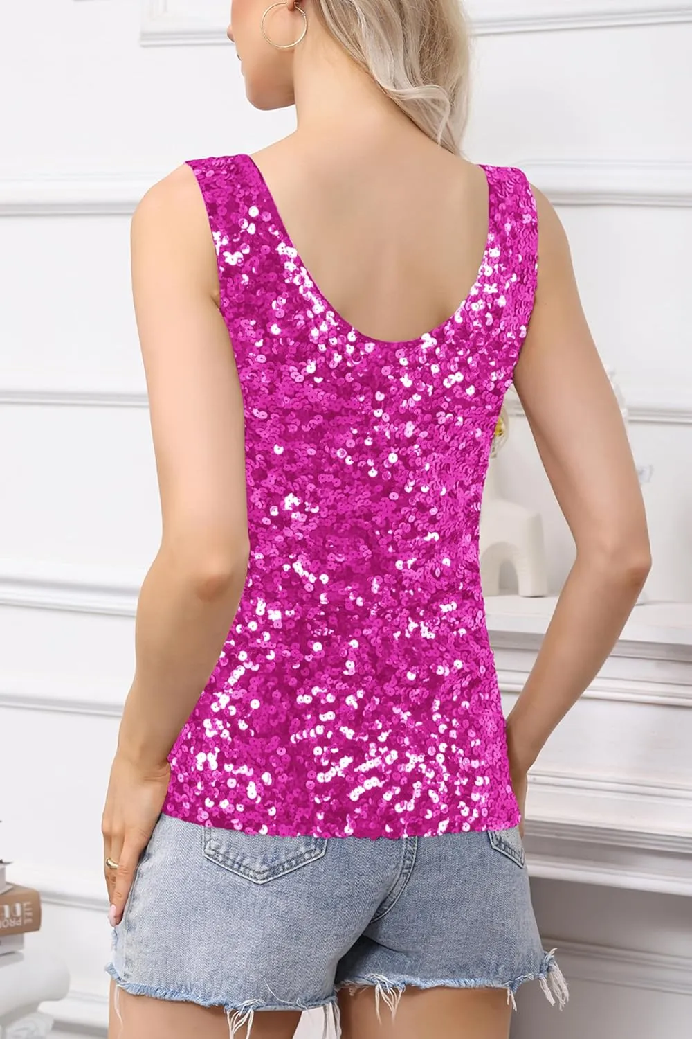 Anna-Kaci Women's Sparkly V-Neck Sequin Tank Tops Sleeveless Sexy Glitter Disco Club Party Vest