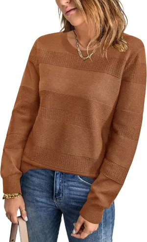 Arach&Cloz Womens Fall Sweaters 2024 Crochet Crew Neck Long Sleeve Knit Tops Pullover Fashion Clothes Outfits