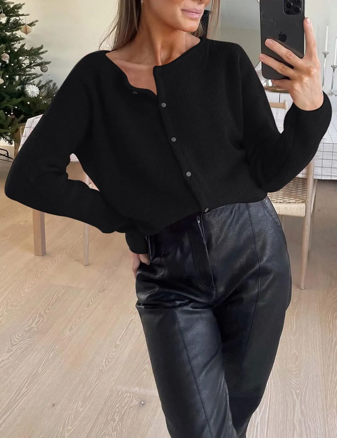 Arssm Women Button Down Cardigan Sweater Crewneck Soft Knit Long Sleeve Y2k Fall Jumper Tops