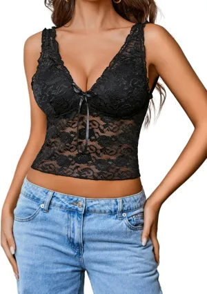 Avidlove Lace Tops for Women Mesh Top Crop Tank Tops Sexy V Neck Sleeveless Trendy Y2K Lace Undershirt