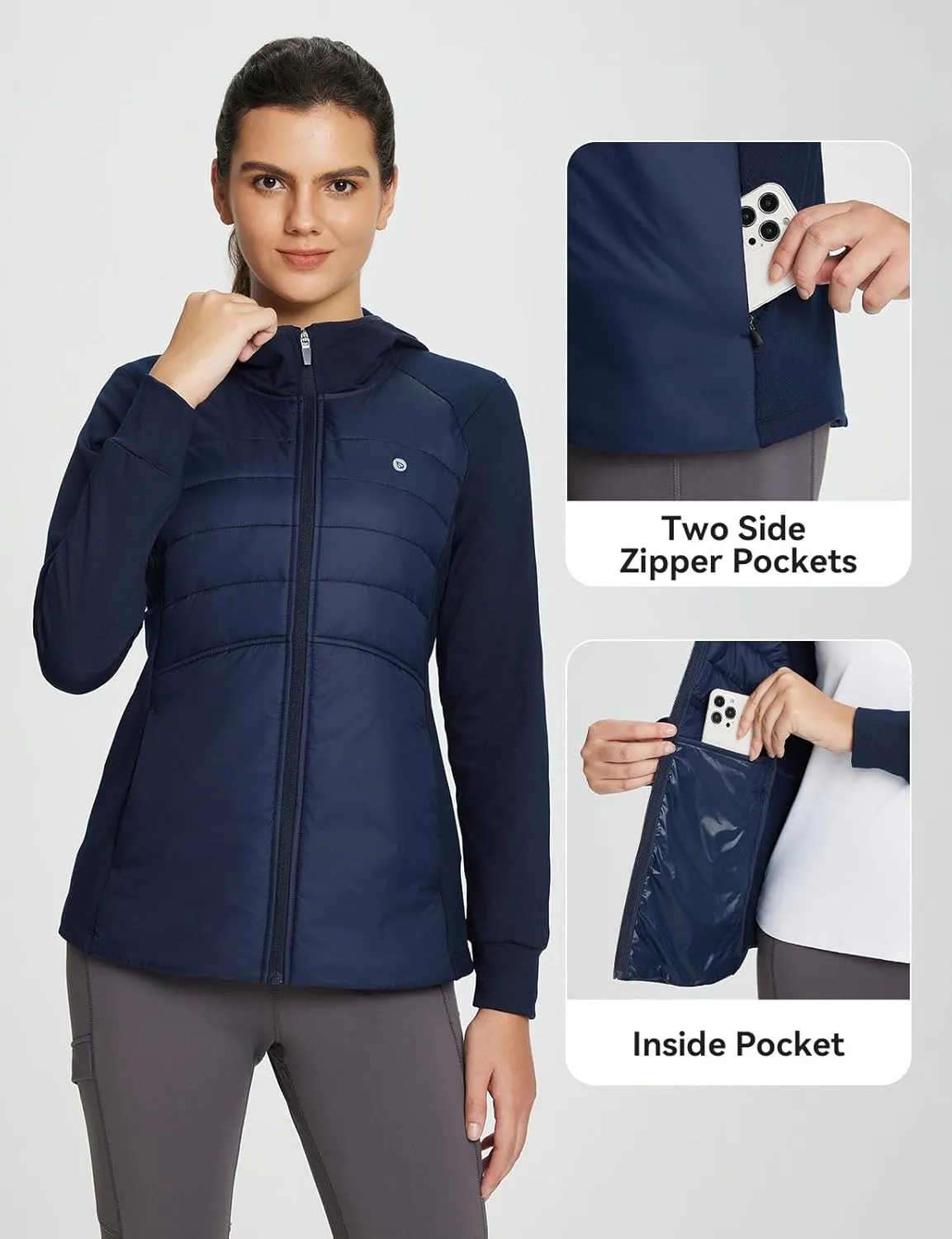 baleaf Women's Running Winter Jacket with Hood Warm Lightweight Insulated Hybrid Jackets Puffer Zip Pockets Hiking Skiing