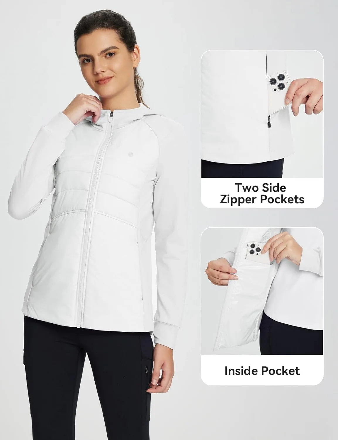 baleaf Women's Running Winter Jacket with Hood Warm Lightweight Insulated Hybrid Jackets Puffer Zip Pockets Hiking Skiing