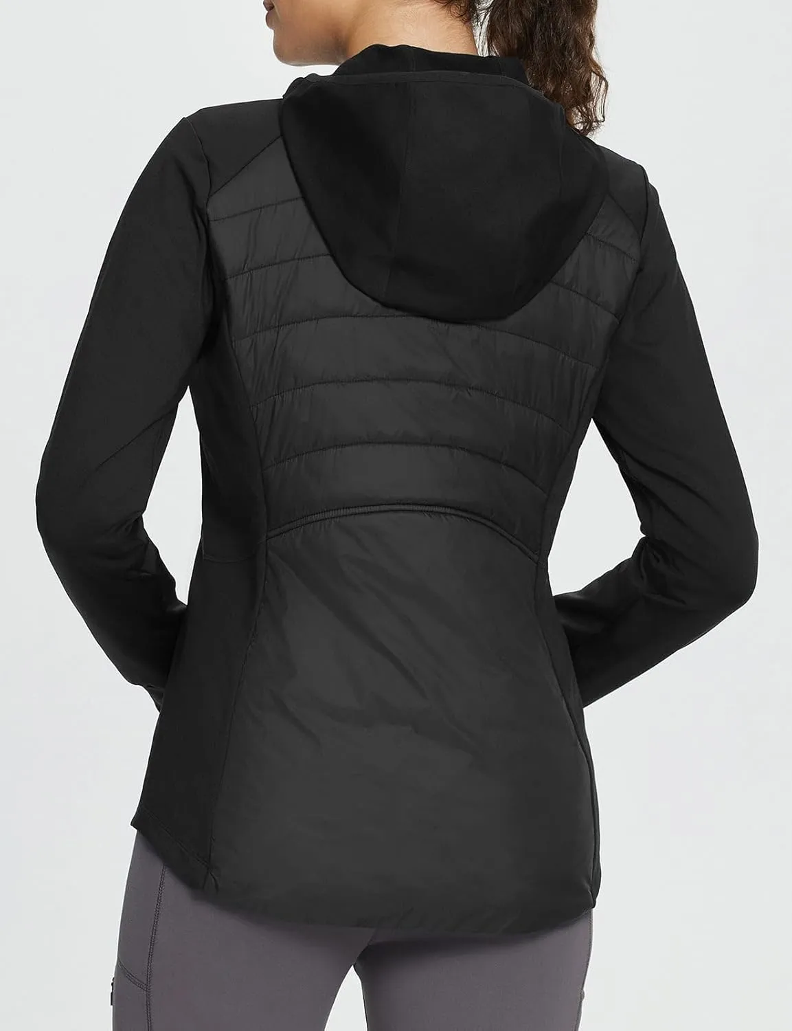 baleaf Women's Running Winter Jacket with Hood Warm Lightweight Insulated Hybrid Jackets Puffer Zip Pockets Hiking Skiing