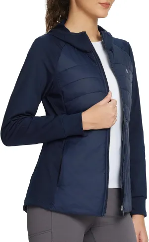 baleaf Women's Running Winter Jacket with Hood Warm Lightweight Insulated Hybrid Jackets Puffer Zip Pockets Hiking Skiing