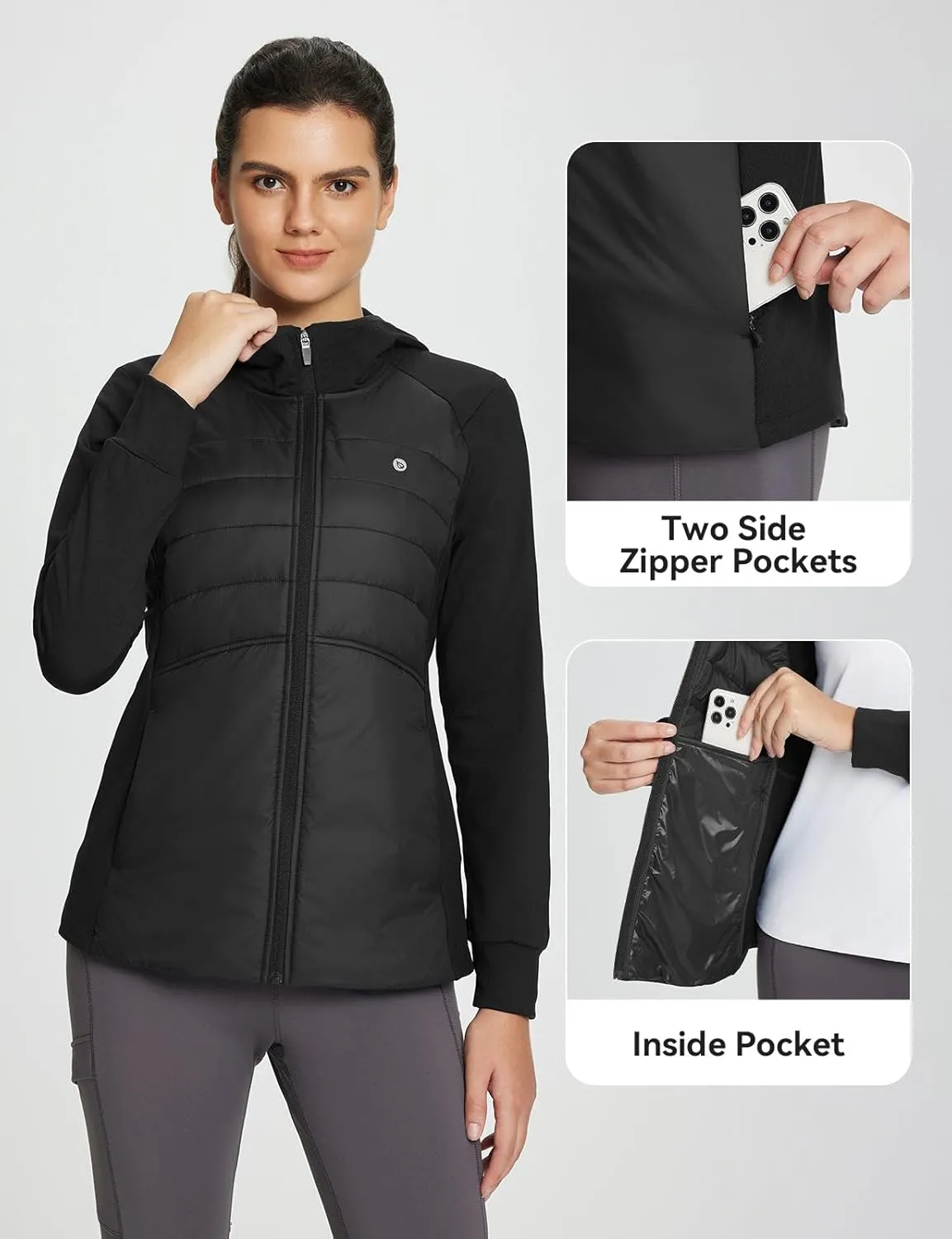 baleaf Women's Running Winter Jacket with Hood Warm Lightweight Insulated Hybrid Jackets Puffer Zip Pockets Hiking Skiing