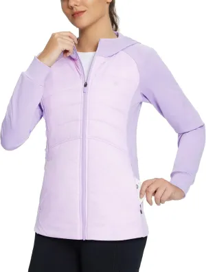 baleaf Women's Running Winter Jacket with Hood Warm Lightweight Insulated Hybrid Jackets Puffer Zip Pockets Hiking Skiing