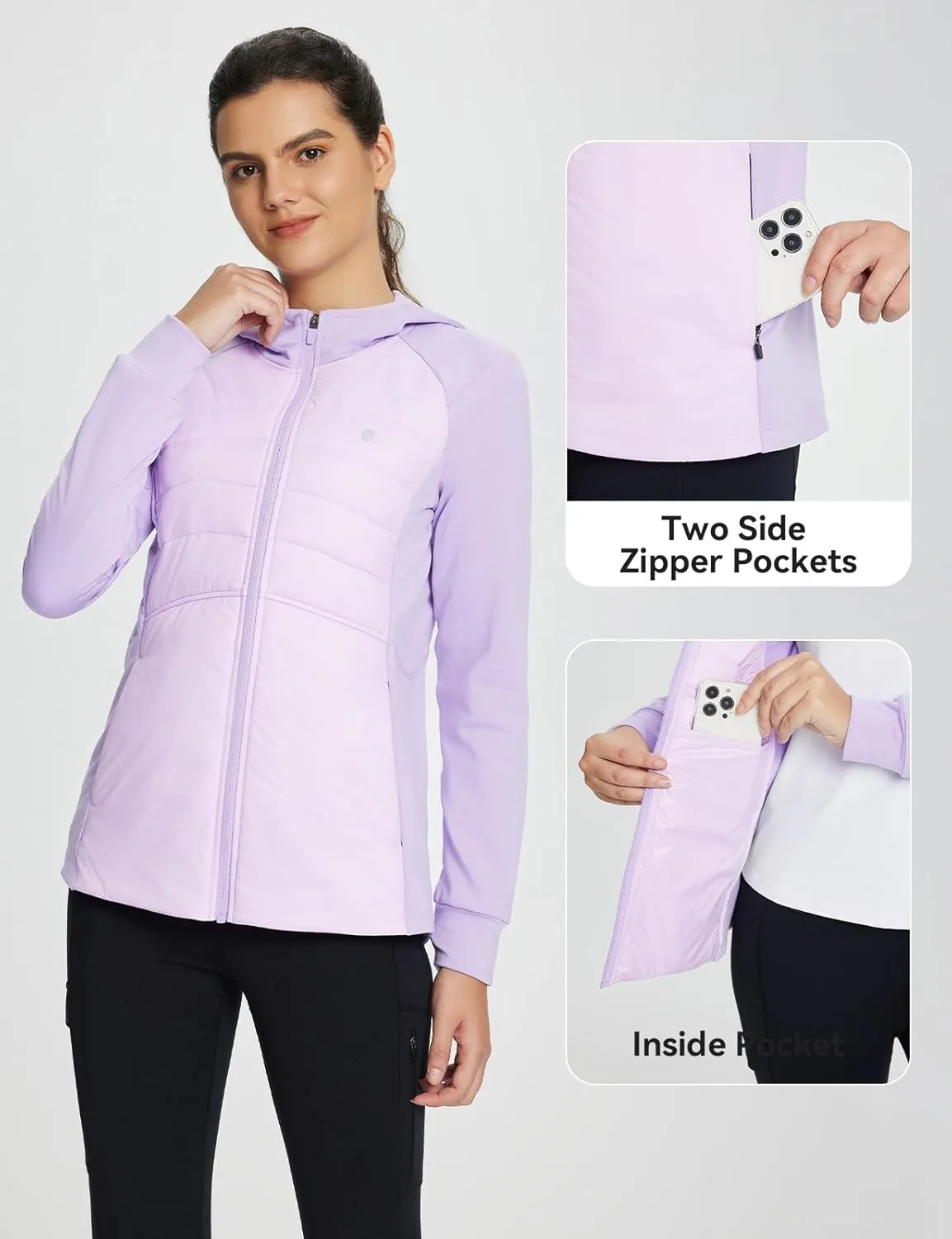 baleaf Women's Running Winter Jacket with Hood Warm Lightweight Insulated Hybrid Jackets Puffer Zip Pockets Hiking Skiing