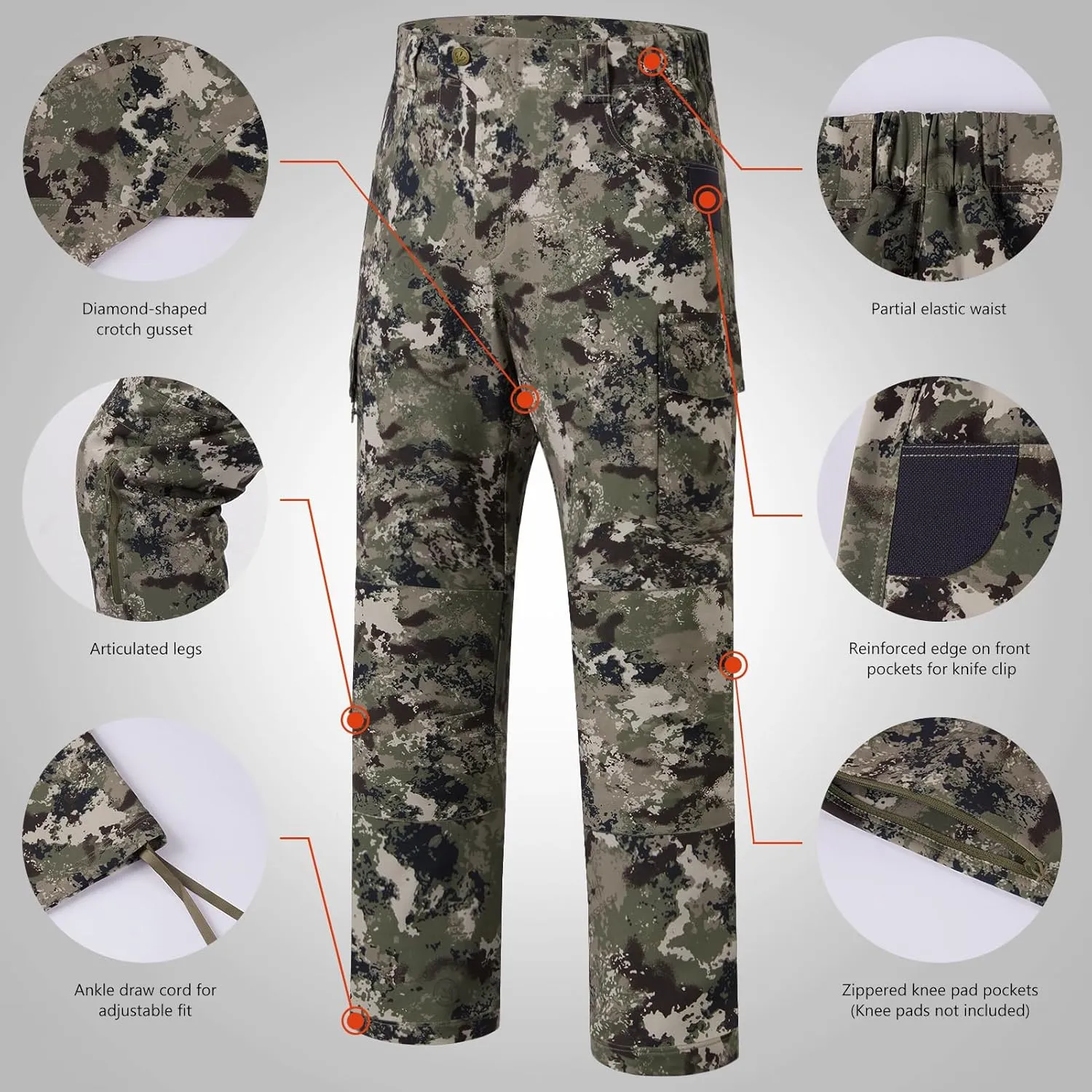 BASSDASH Invis Mens Stretch Hunting Pants Water Resistant Camo Fishing Pant