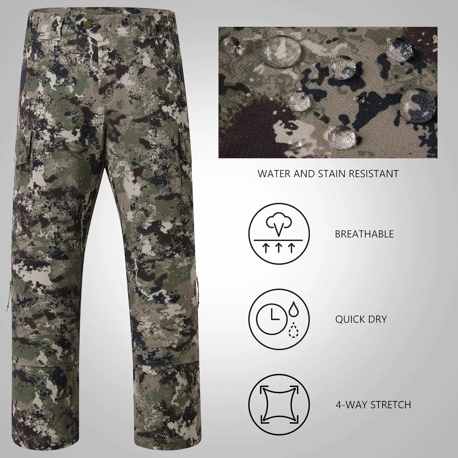 BASSDASH Invis Mens Stretch Hunting Pants Water Resistant Camo Fishing Pant