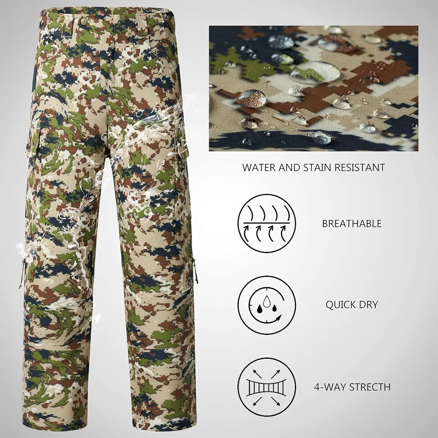 BASSDASH Invis Mens Stretch Hunting Pants Water Resistant Camo Fishing Pant