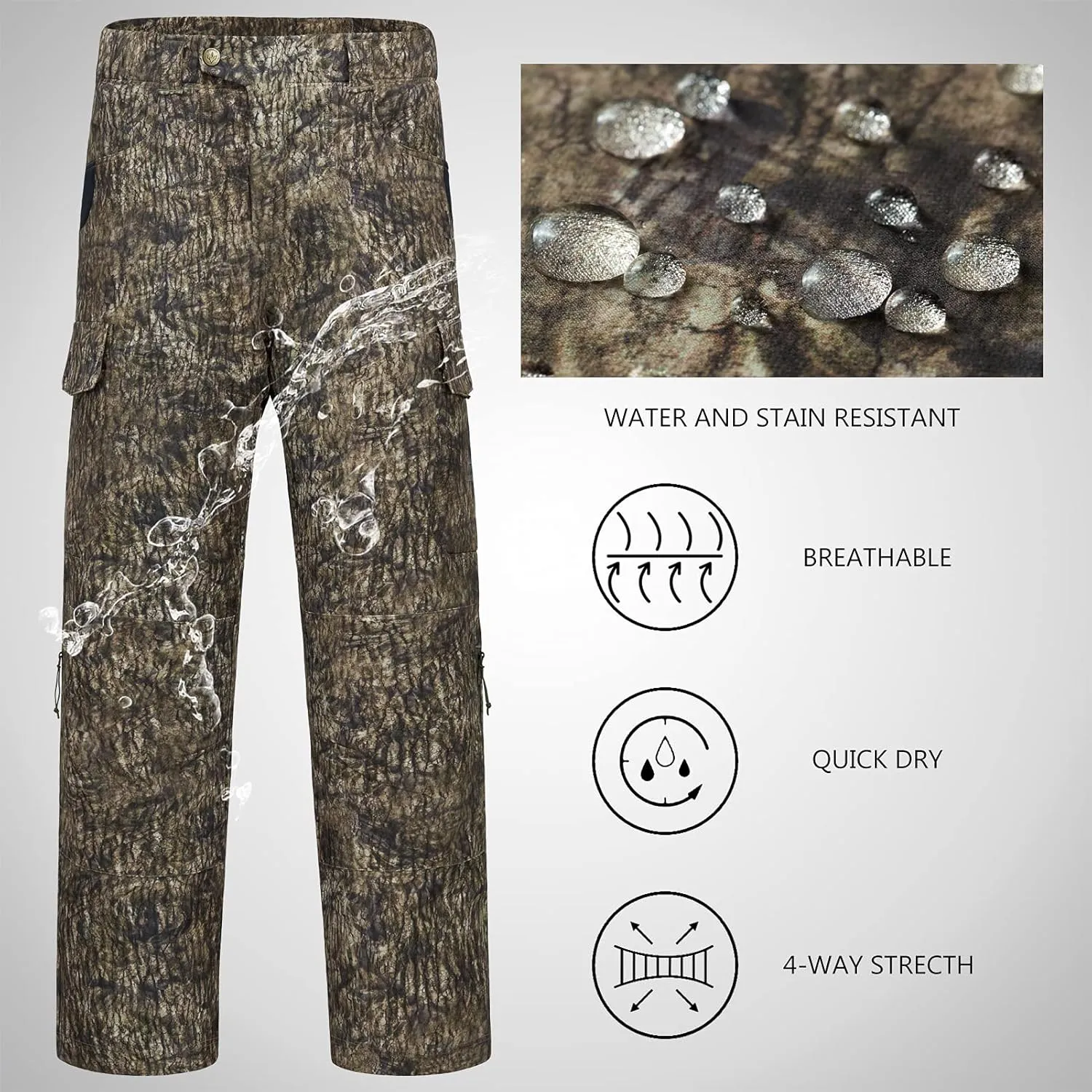 BASSDASH Invis Mens Stretch Hunting Pants Water Resistant Camo Fishing Pant