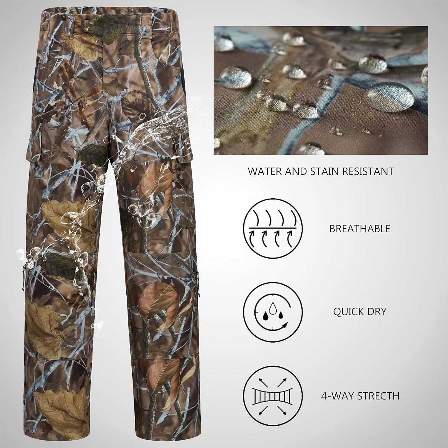 BASSDASH Invis Mens Stretch Hunting Pants Water Resistant Camo Fishing Pant