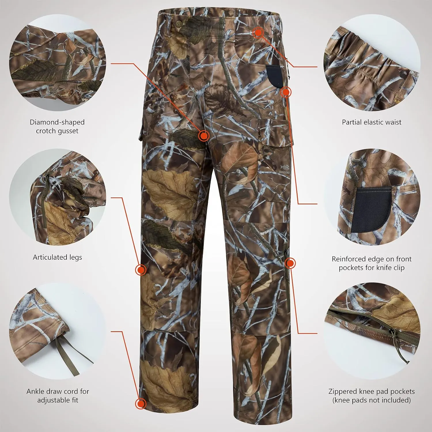 BASSDASH Invis Mens Stretch Hunting Pants Water Resistant Camo Fishing Pant