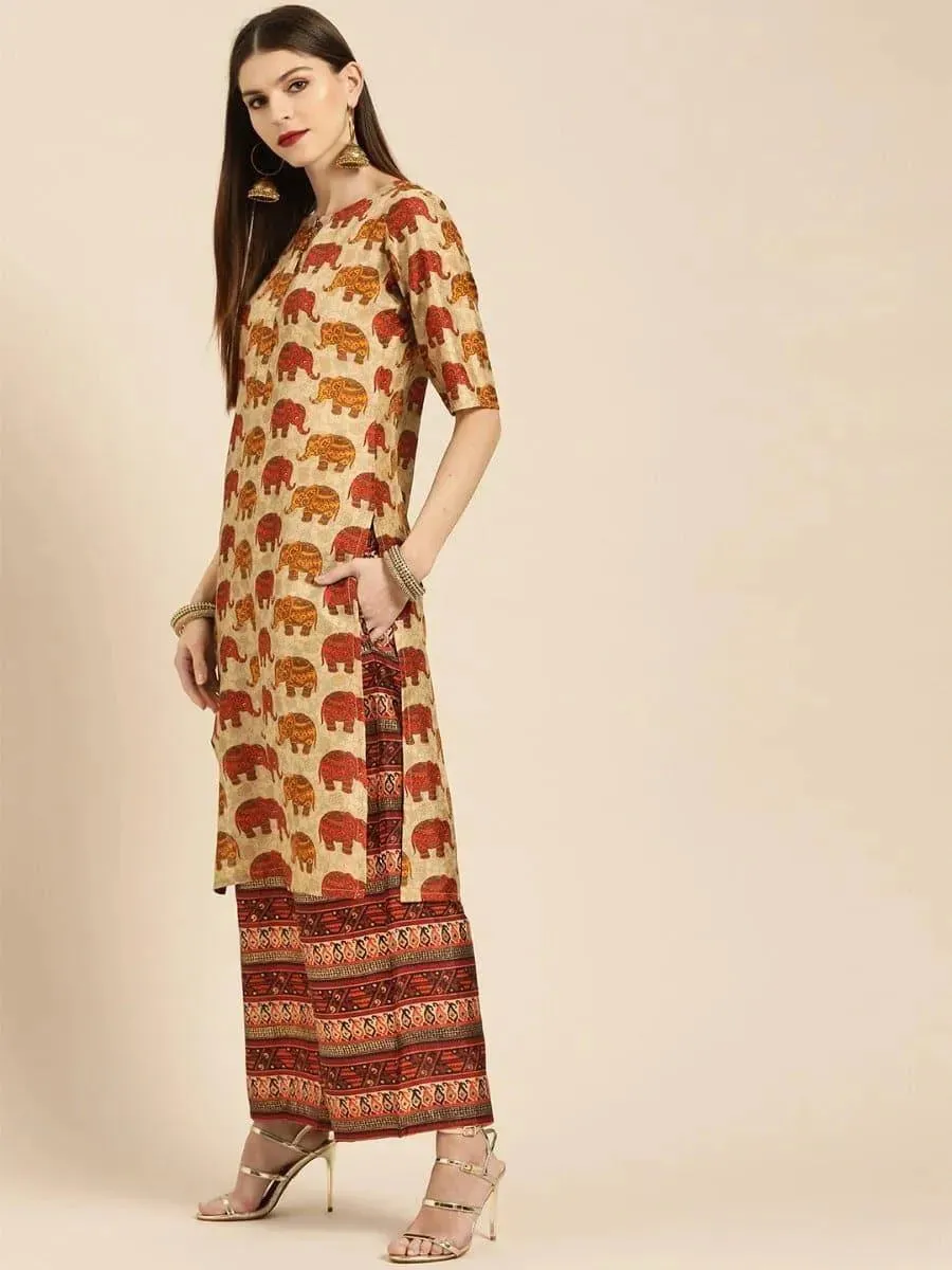 Beige Self Design Chanderi Silk Straight Kurta With Palazzos & Dupatta
