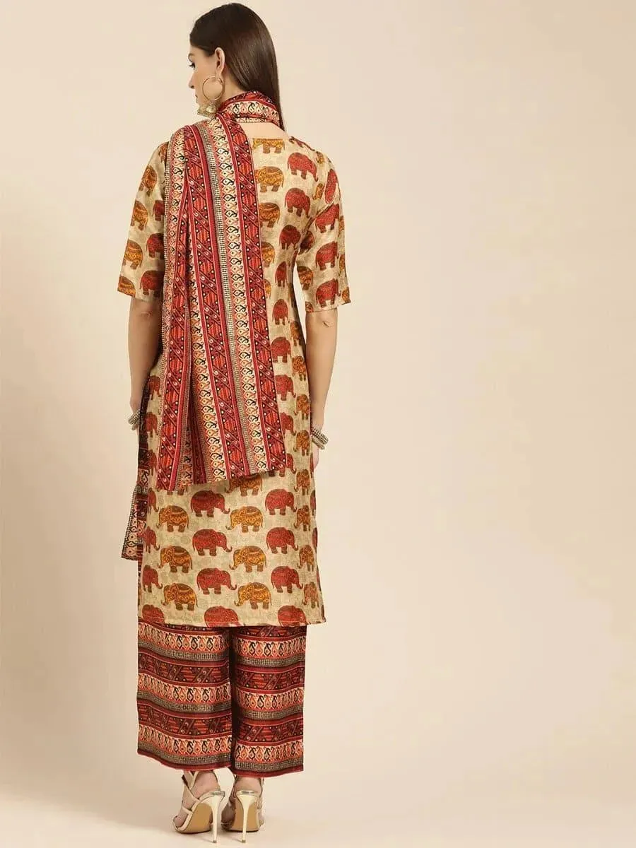 Beige Self Design Chanderi Silk Straight Kurta With Palazzos & Dupatta