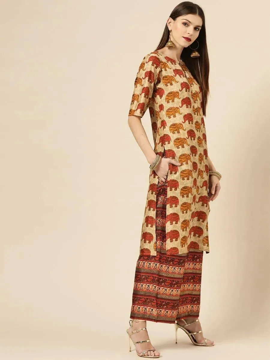 Beige Self Design Chanderi Silk Straight Kurta With Palazzos & Dupatta