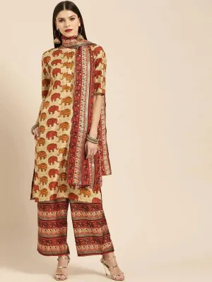 Beige Self Design Chanderi Silk Straight Kurta With Palazzos & Dupatta