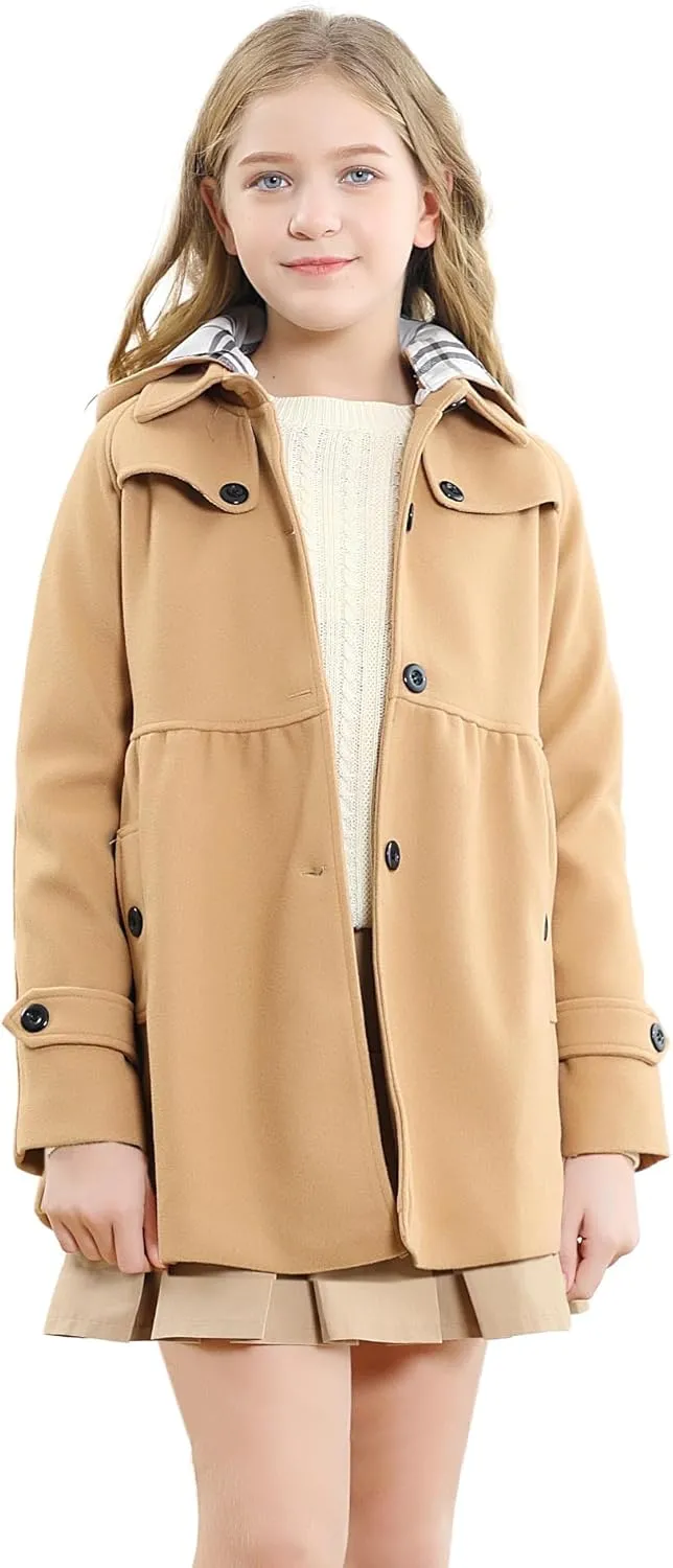 Betusline Girls' Dress Coat, Kids Hoodie Wool Blend Coats Fall Winter Outerwear Peacoat,2-14 Years