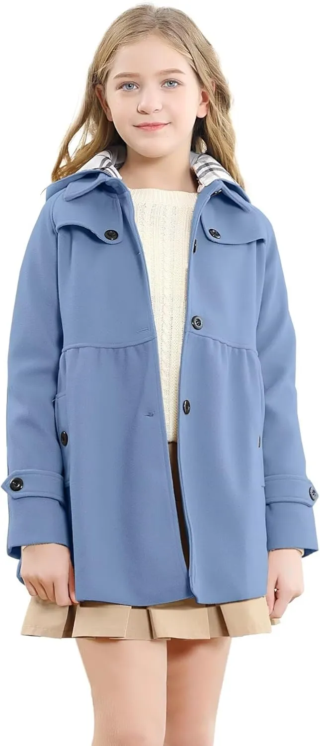 Betusline Girls' Dress Coat, Kids Hoodie Wool Blend Coats Fall Winter Outerwear Peacoat,2-14 Years