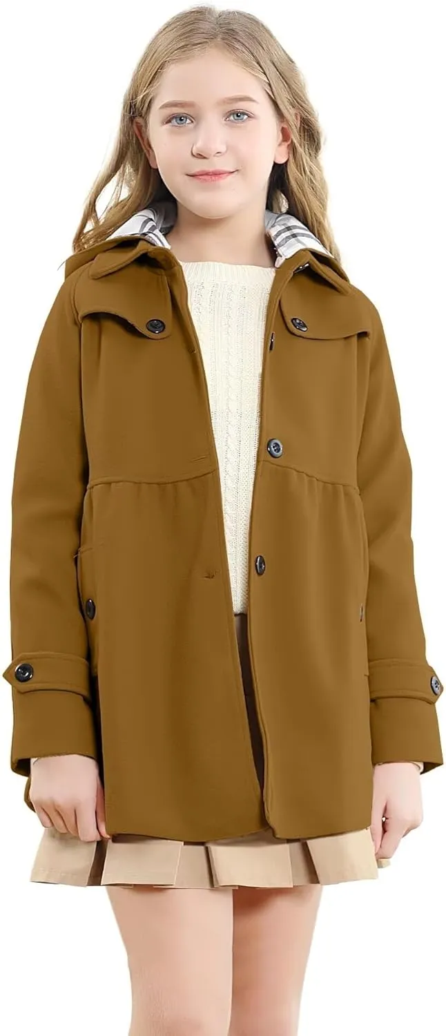 Betusline Girls' Dress Coat, Kids Hoodie Wool Blend Coats Fall Winter Outerwear Peacoat,2-14 Years