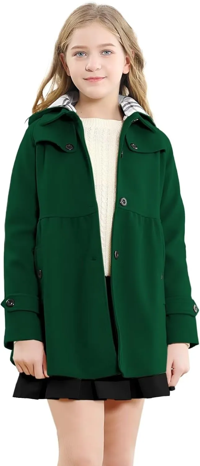 Betusline Girls' Dress Coat, Kids Hoodie Wool Blend Coats Fall Winter Outerwear Peacoat,2-14 Years