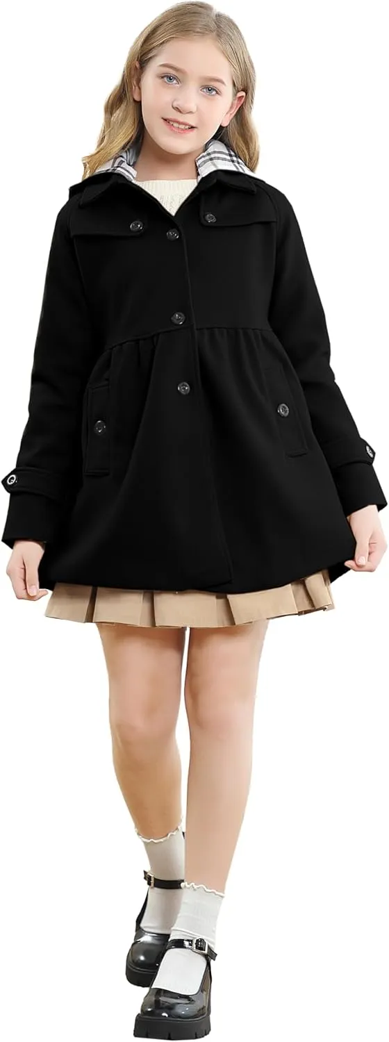 Betusline Girls' Dress Coat, Kids Hoodie Wool Blend Coats Fall Winter Outerwear Peacoat,2-14 Years