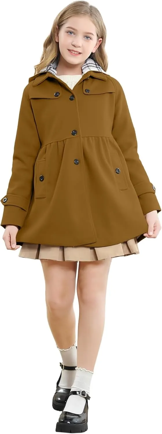 Betusline Girls' Dress Coat, Kids Hoodie Wool Blend Coats Fall Winter Outerwear Peacoat,2-14 Years
