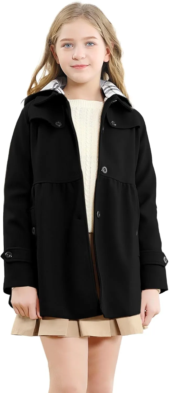 Betusline Girls' Dress Coat, Kids Hoodie Wool Blend Coats Fall Winter Outerwear Peacoat,2-14 Years