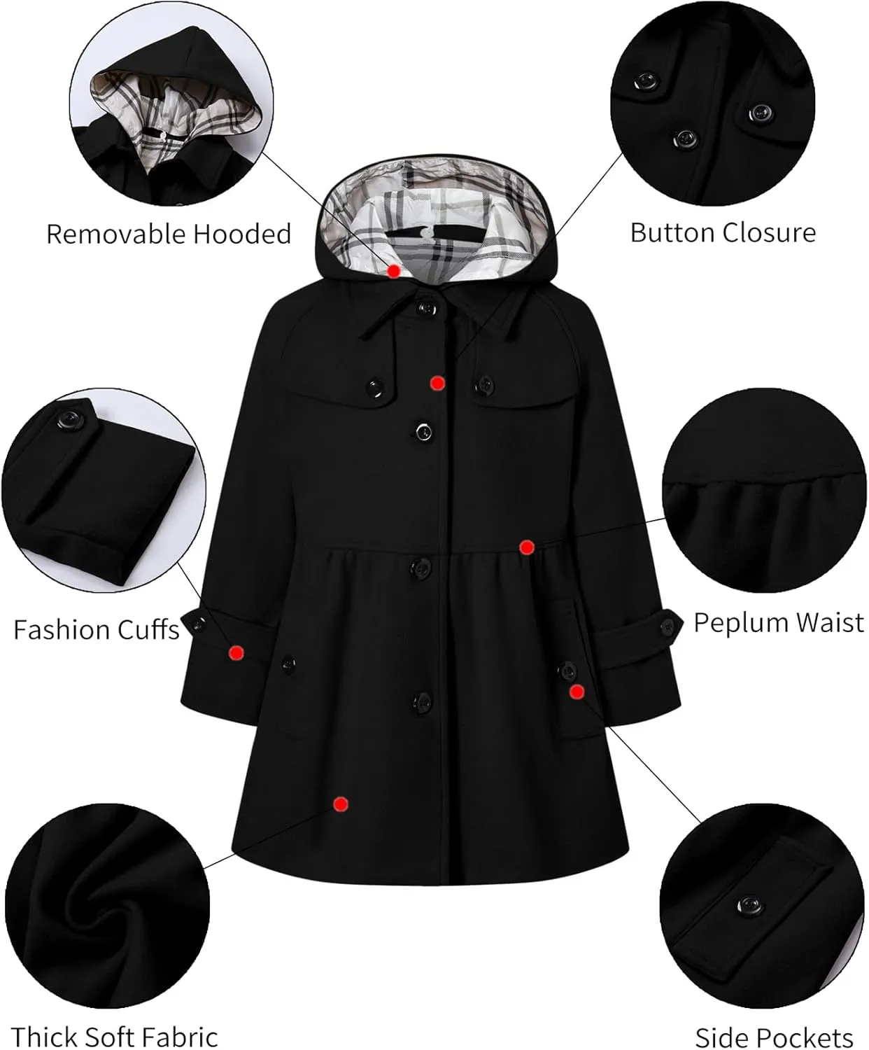 Betusline Girls' Dress Coat, Kids Hoodie Wool Blend Coats Fall Winter Outerwear Peacoat,2-14 Years