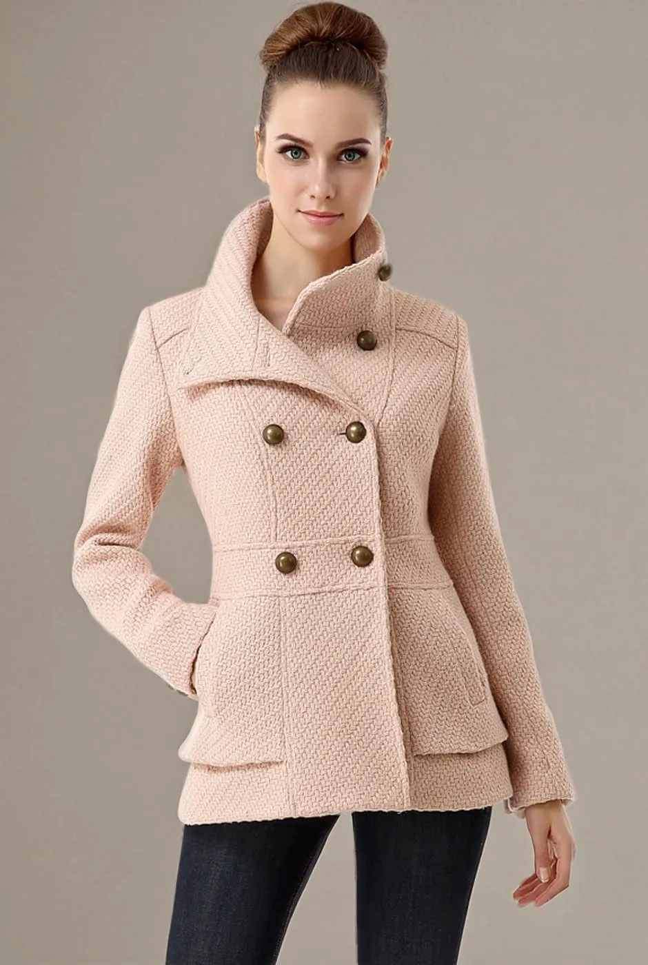 BGSD Women Cheri Boucle Wool Blend Double Breasted Walking Pea Coat