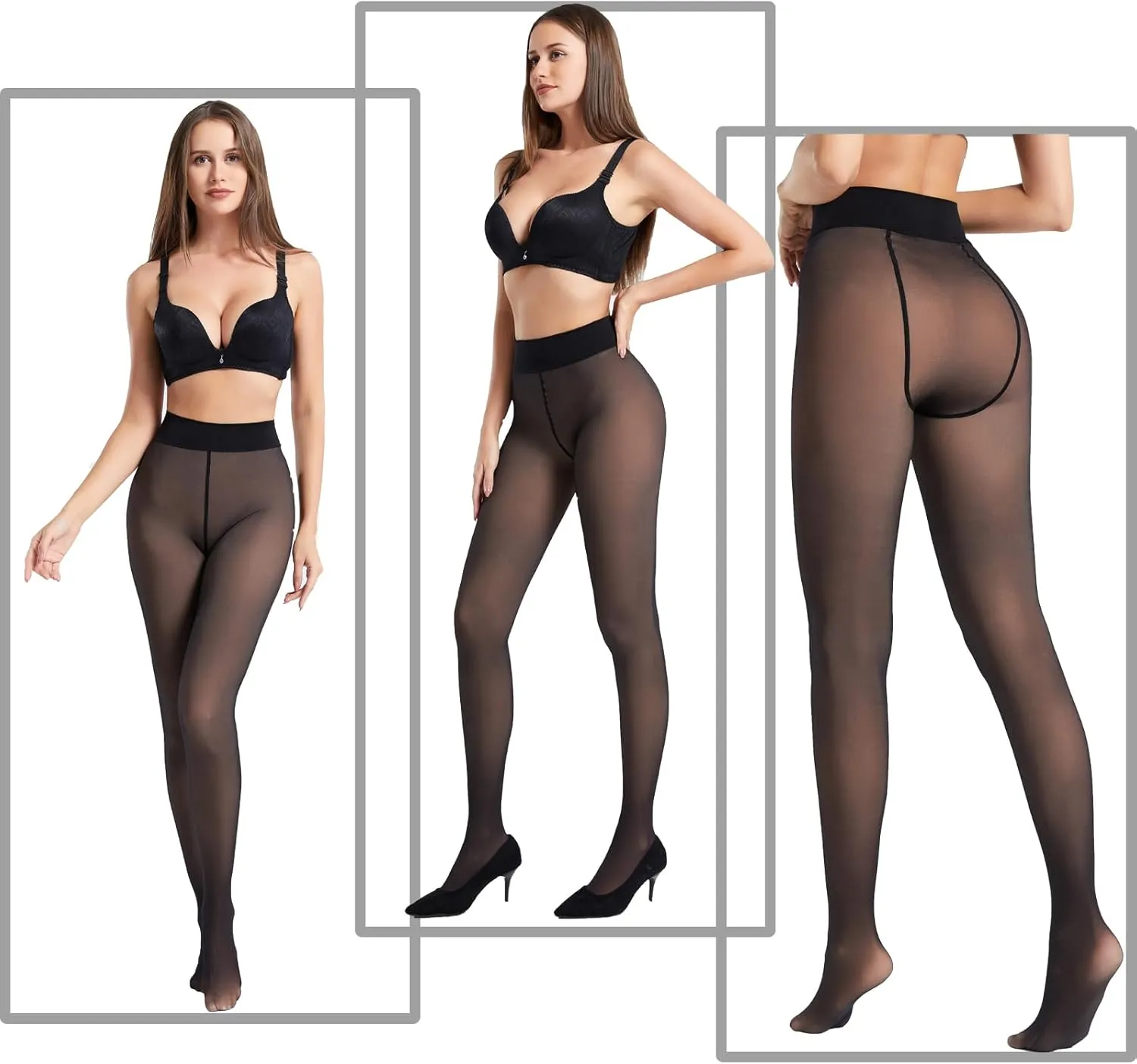 Black Fake Translucent Tights - 2 Pack Ultra Comfy Faux Sheer Pantyhose, Semi Opaque Durable Leggings w/Seamless Waist