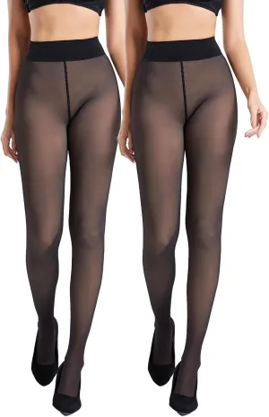 Black Fake Translucent Tights - 2 Pack Ultra Comfy Faux Sheer Pantyhose, Semi Opaque Durable Leggings w/Seamless Waist