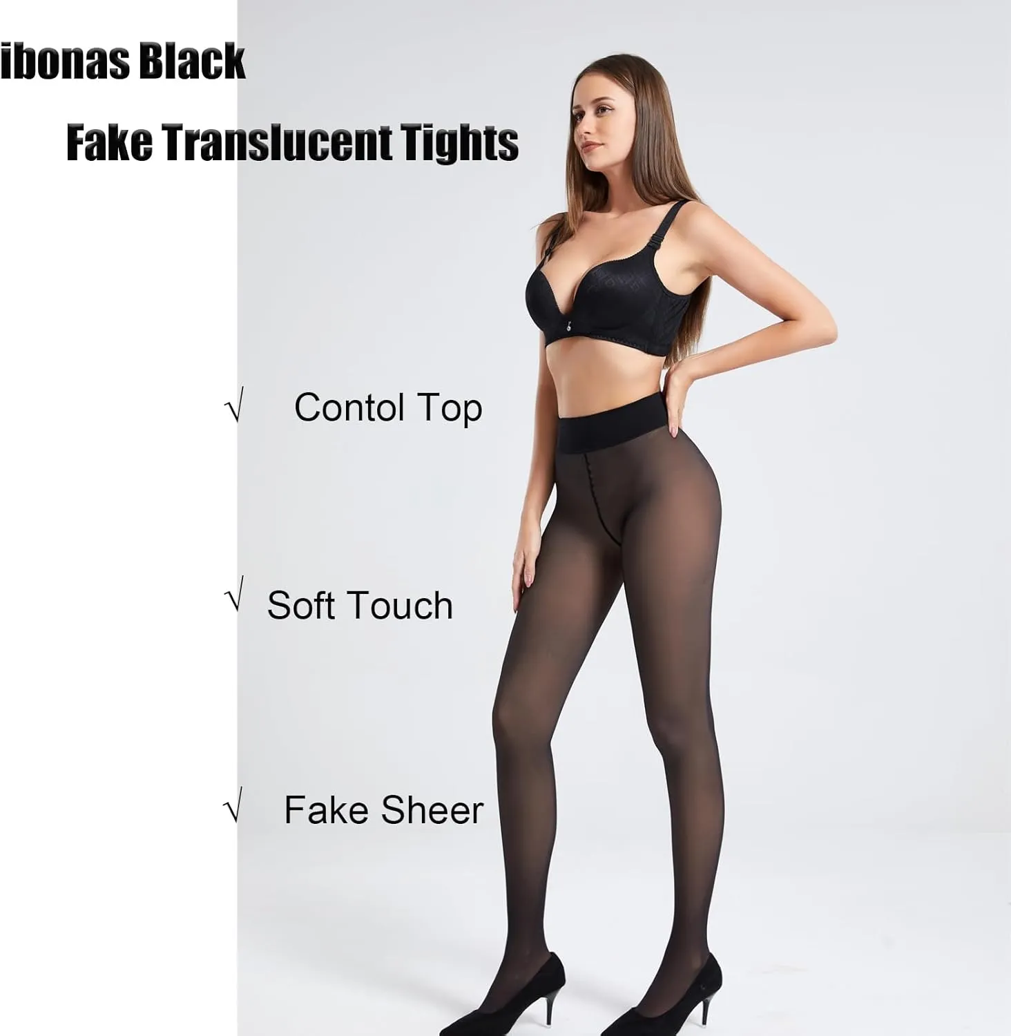 Black Fake Translucent Tights - 2 Pack Ultra Comfy Faux Sheer Pantyhose, Semi Opaque Durable Leggings w/Seamless Waist