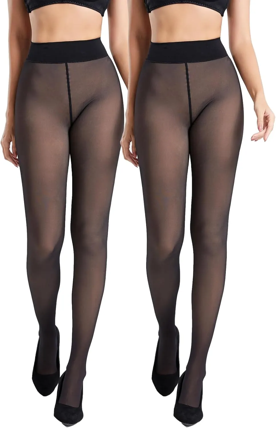 Black Fake Translucent Tights - 2 Pack Ultra Comfy Faux Sheer Pantyhose, Semi Opaque Durable Leggings w/Seamless Waist