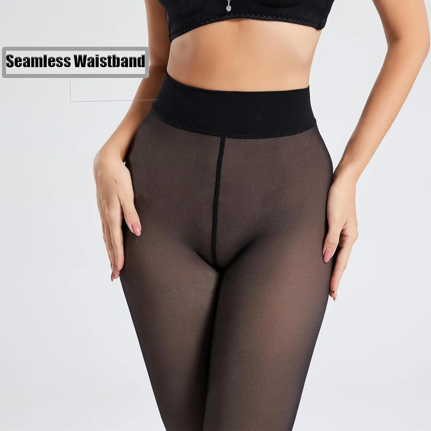Black Fake Translucent Tights - 2 Pack Ultra Comfy Faux Sheer Pantyhose, Semi Opaque Durable Leggings w/Seamless Waist