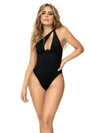 Black One Shoulder Underwire Support One Piece Swimsuit Swimwear