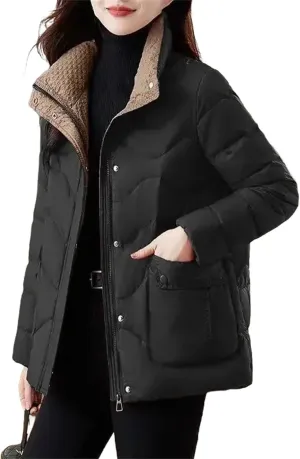 Black Padded Women's Cotton Coat Quilted Short Down Jacket Youthful Offers Modern Lined in Outerwears Thick Great