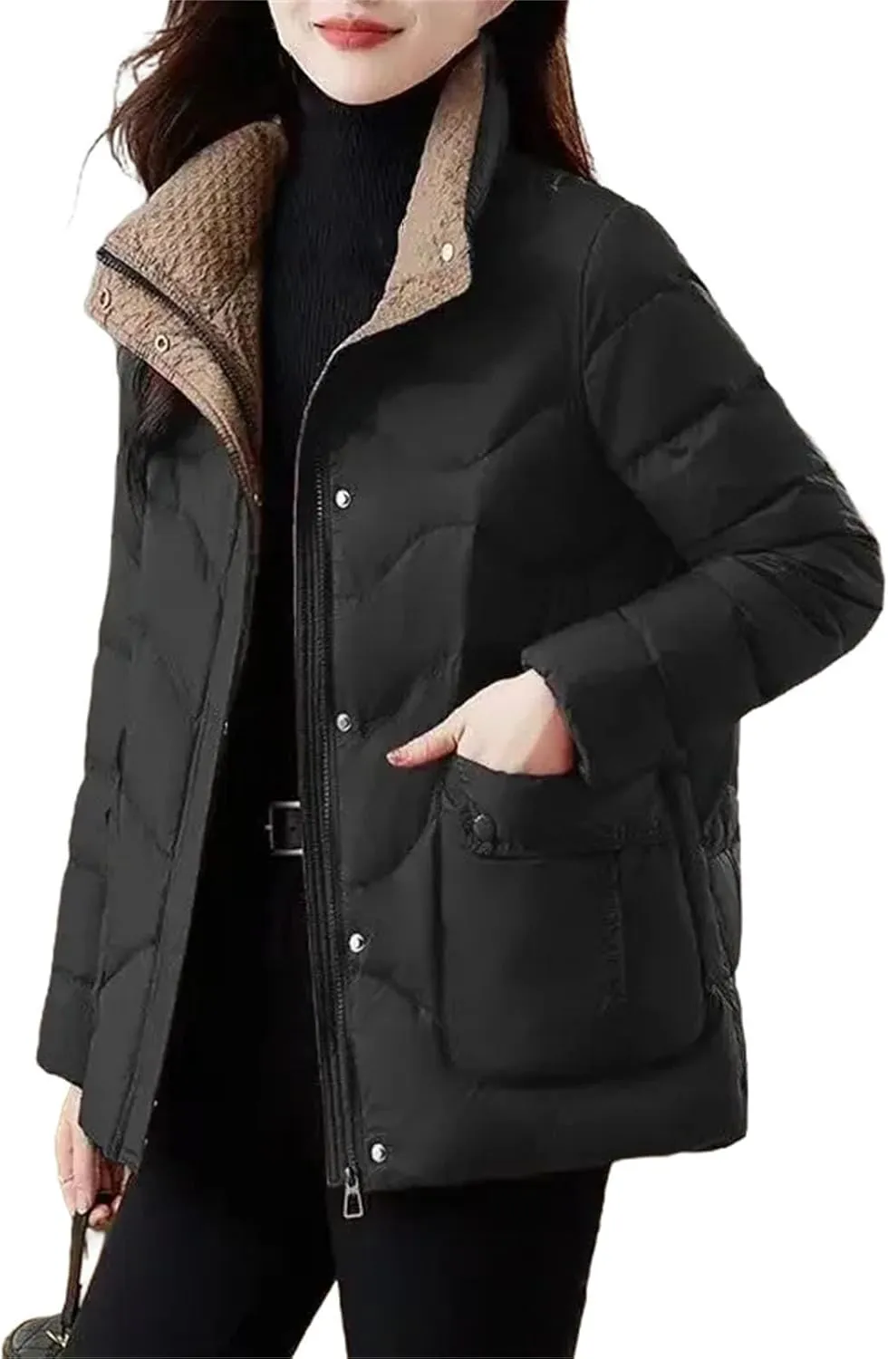 Black Padded Women's Cotton Coat Quilted Short Down Jacket Youthful Offers Modern Lined in Outerwears Thick Great