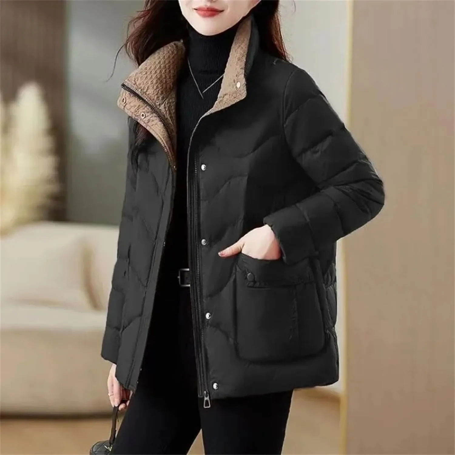 Black Padded Women's Cotton Coat Quilted Short Down Jacket Youthful Offers Modern Lined in Outerwears Thick Great