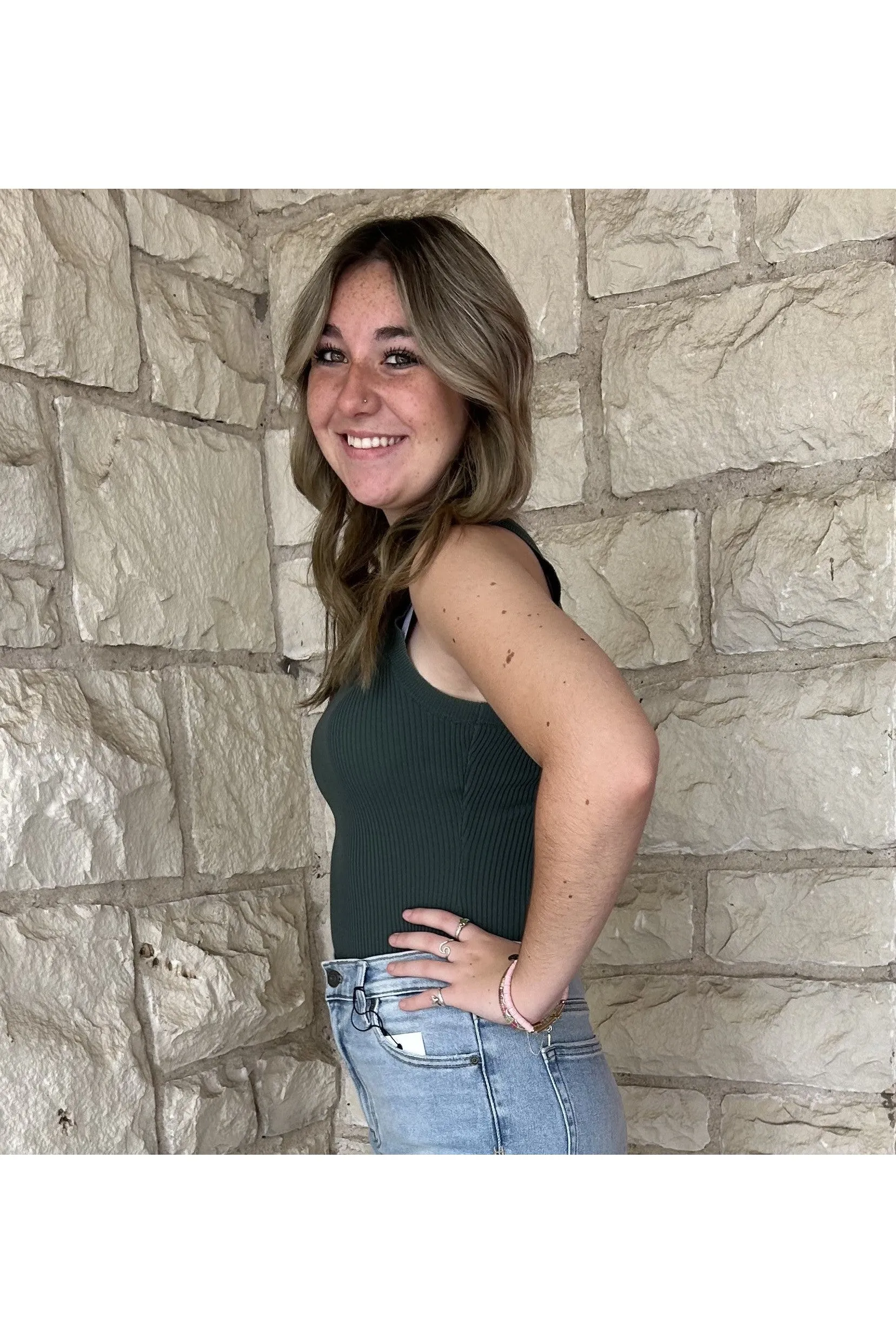 blu pepper Racerback Knit Top In Dark Green