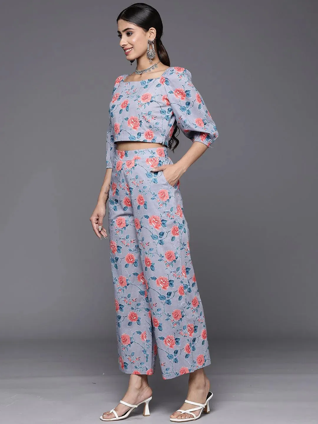 Blue Printed Cotton Top With Palazzos