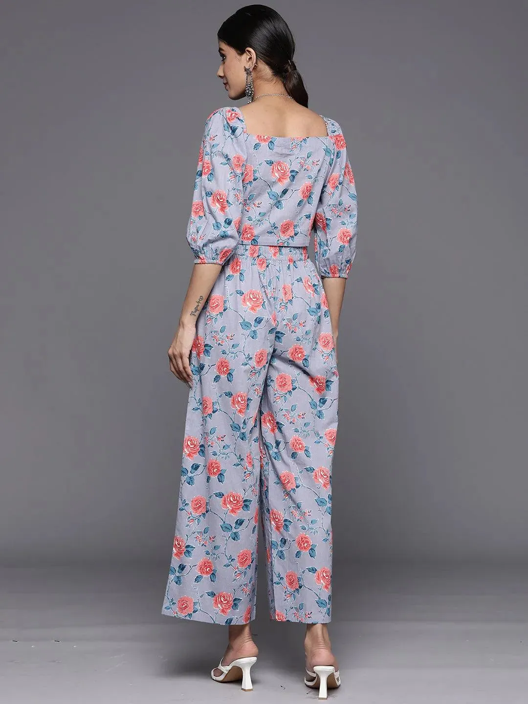 Blue Printed Cotton Top With Palazzos