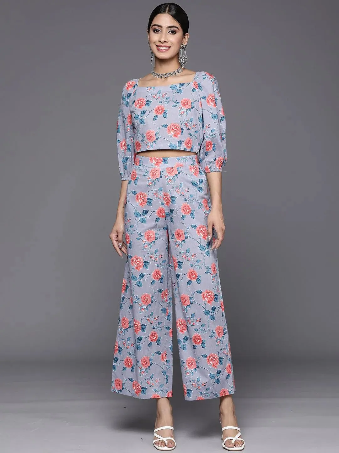 Blue Printed Cotton Top With Palazzos