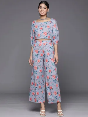Blue Printed Cotton Top With Palazzos